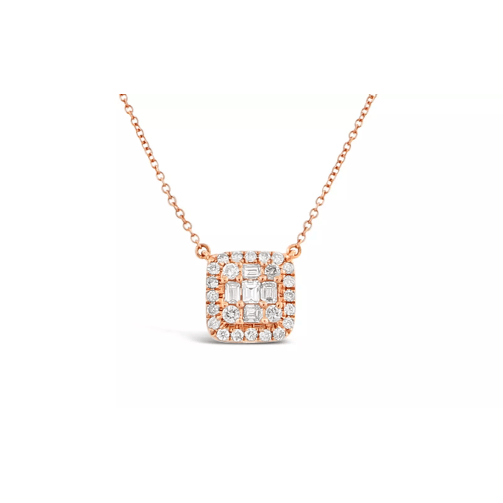 Rose gold diamond neckalce with several stones in the cushion cut shaped pendant.
