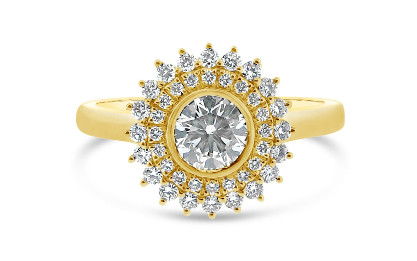 Gold Engagement Ring with a circle diamond, and point diamond halo