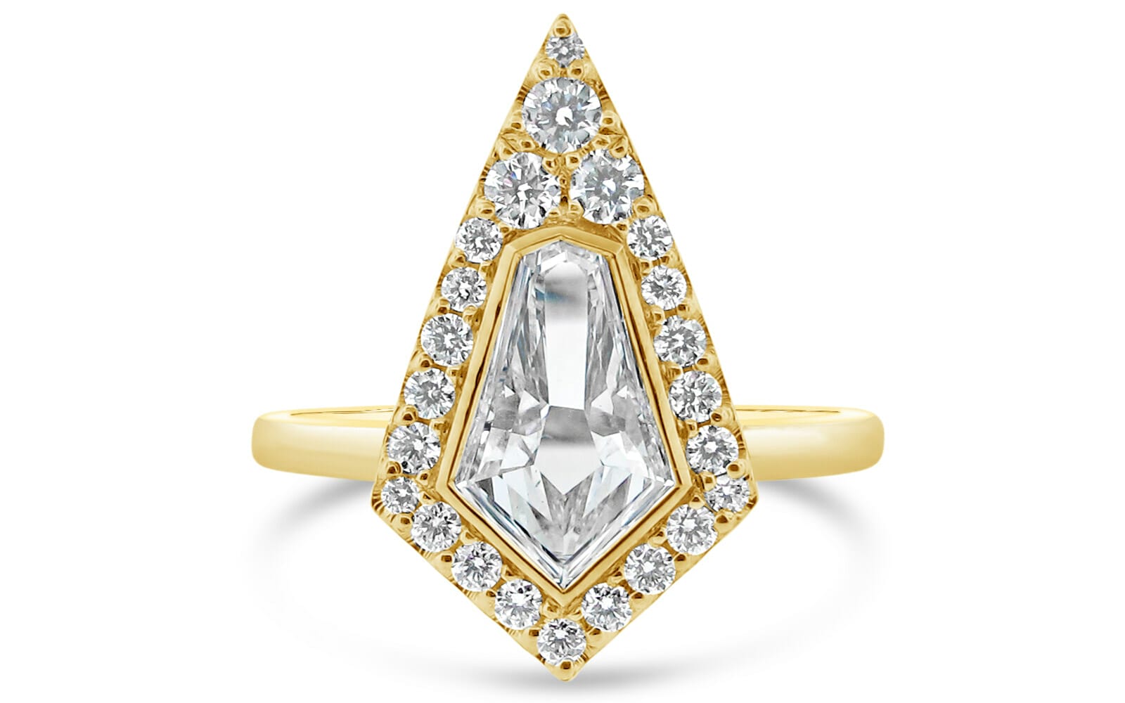 Gold Trapezoidal Pointy Engagement ring with halo