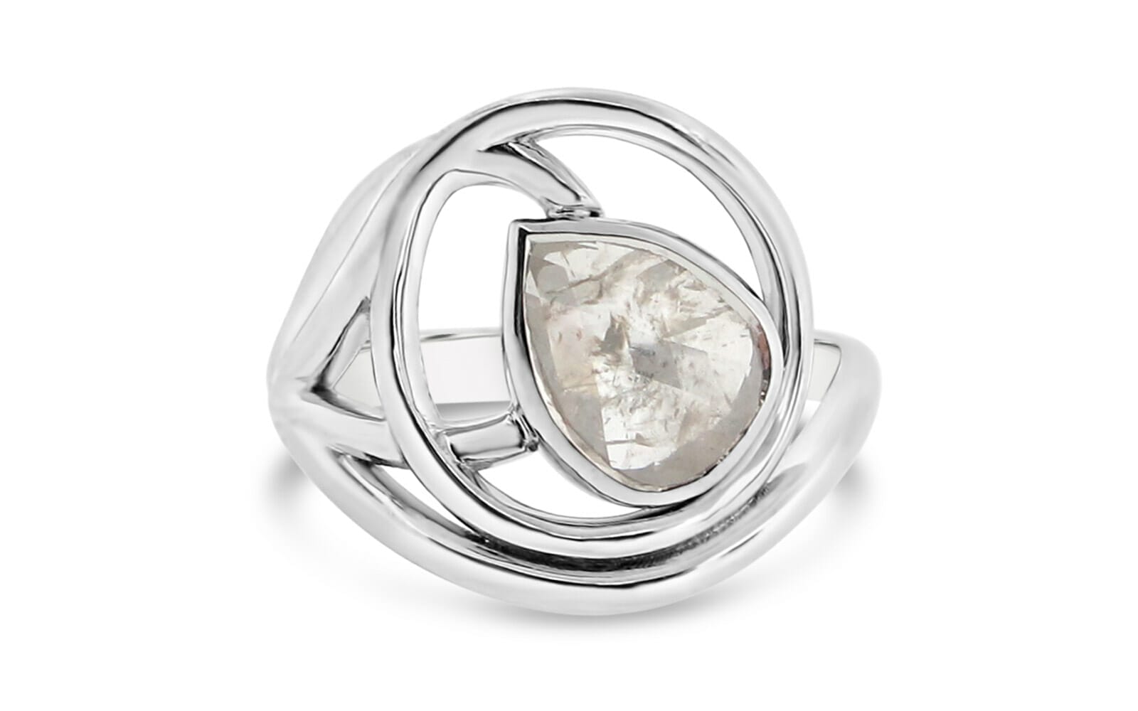 White Gold Round Geometric Ring with a Pear shaped Diamond
