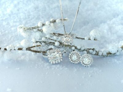 Earrings, a ring and necklace with snow on the background.